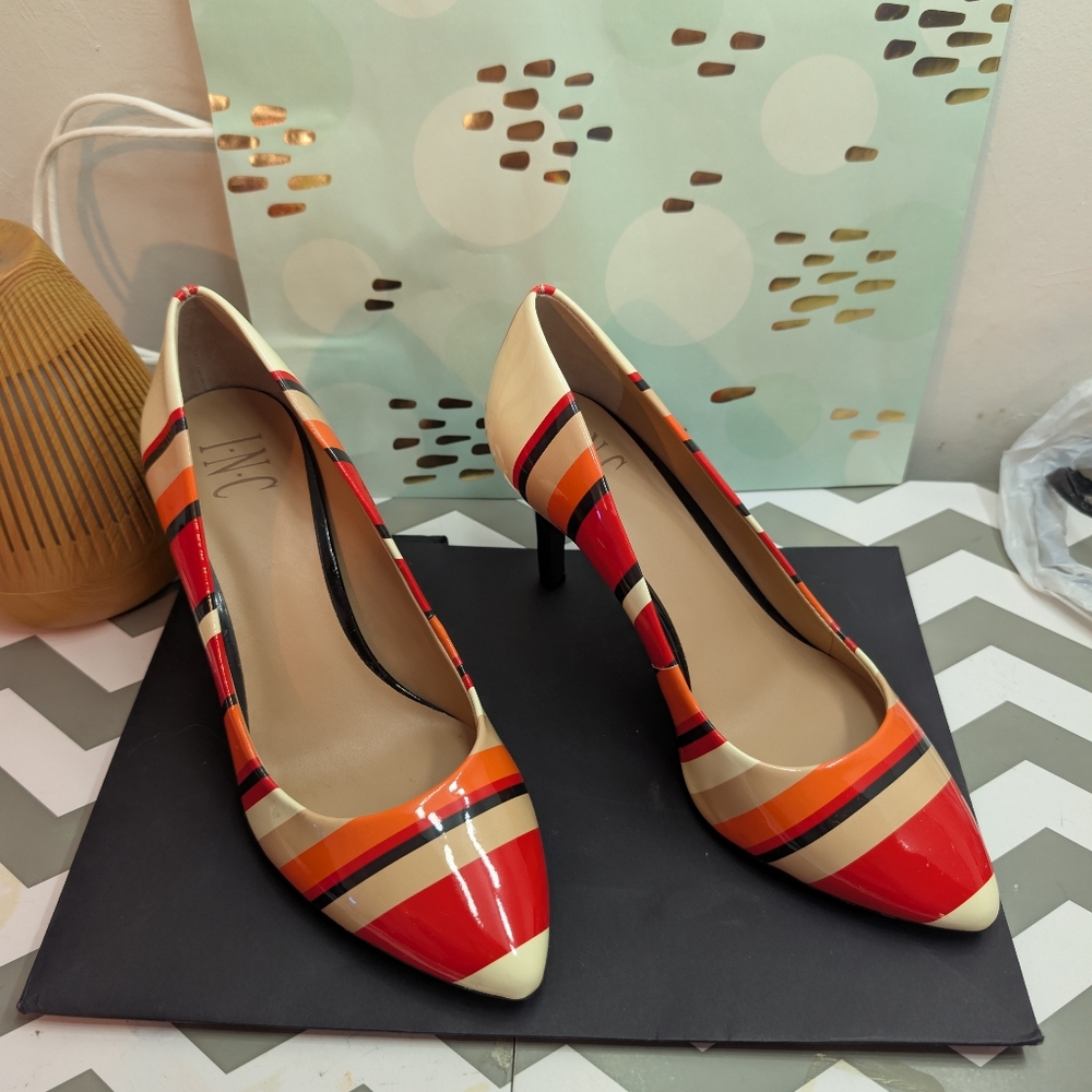 INC International Concepts Red, Orange & Cream Striped Patent Pointed-Toe Pumps